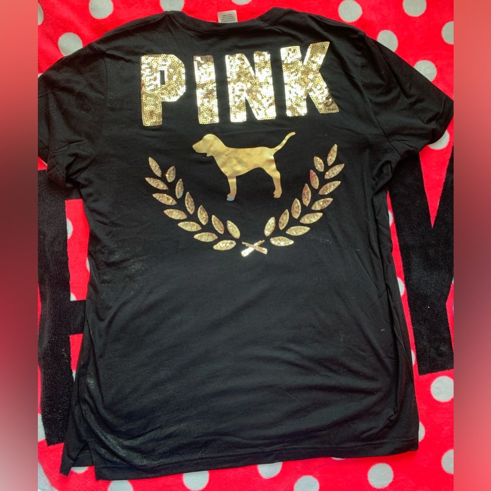 NWOT VS PINK Gold Bling Sequin Black Tee Medium